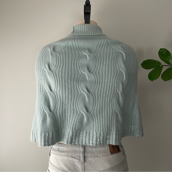 Lisli 100% Cashmere Turtleneck Knit Sweater Poncho Sequins Sky Blue Size Small - Picture 2 of 8